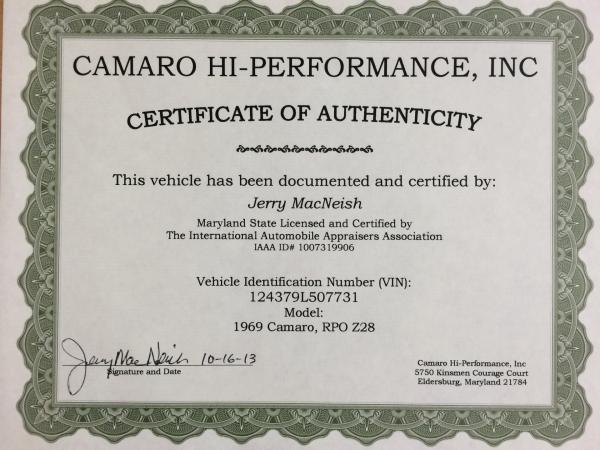 1969 Chevrolet Camaro Z/28 certified by Jerry MacNeish